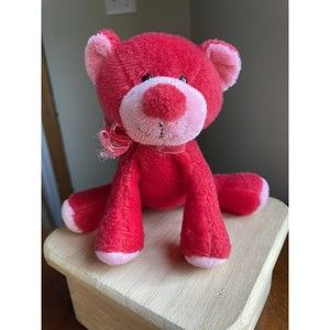 Russ Berrie 5" floppy red and pink bear cub w/ heart ribbon plush stuffed animal